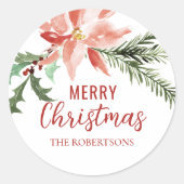 Kerstmis Poinsettia Waterverf Botanisch Ronde Sticker (Voorkant)