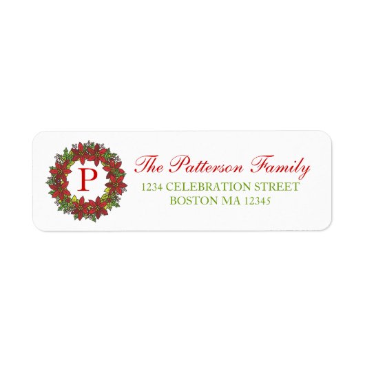 Kerstmis Poinsettia Wreatmonogram Adres label (Voorkant)