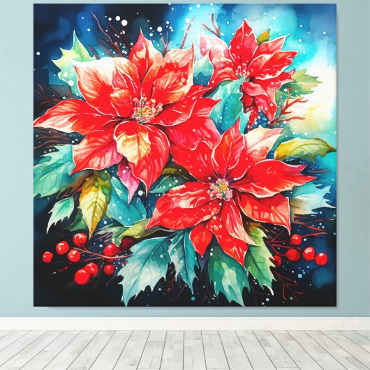 Kerstmis Poinsettias Canvas Afdruk (Insitu (Houten vloer))