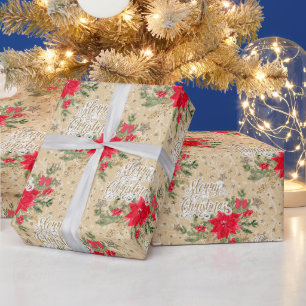 Kerstmis poinsettia's en sterren natuurlijk cadeaupapier