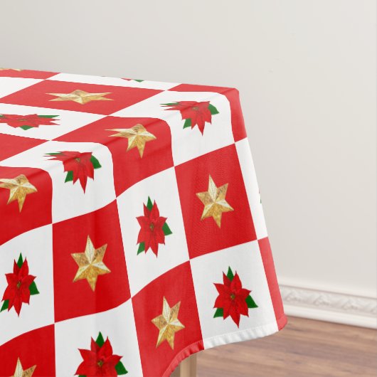 Kerstmis: Poinsettias en sterren op rood en wit Tafelkleed (Voorbeeld)