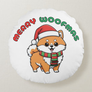 Kerstmis Pomeranian Ronde Kussen: Prettig Woofmas Rond Kussen