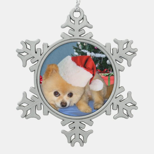 Kerstmis, Pommeren Dog, Santa Hat Tin Sneeuwvlok Ornament (Voorkant)