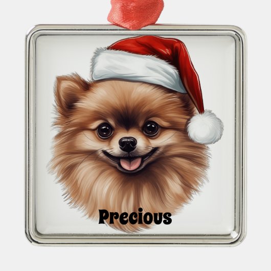 KERSTMIS POMMERSE HOND MET SANTA HAT METALEN ORNAMENT (Voorkant)