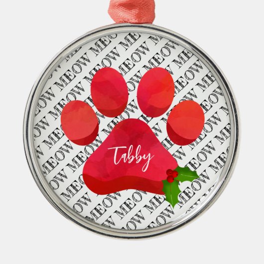 Kerstmis Pootafdruk Meow Kat NAAM Hulst Fun Metalen Ornament (Voorkant)