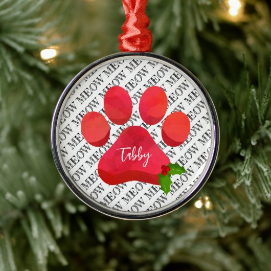 Kerstmis Pootafdruk Meow Kat NAAM Hulst Pret Metalen Ornament (Boom)