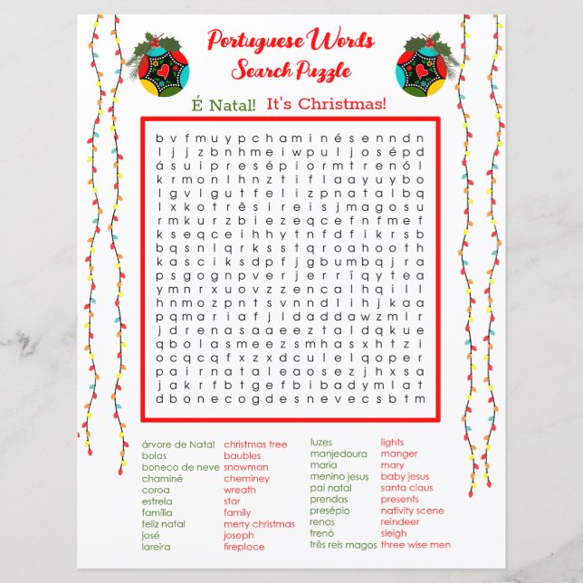 Kerstmis Portugees Woord Zoeken Puzzel voor Kinder (Voorkant)