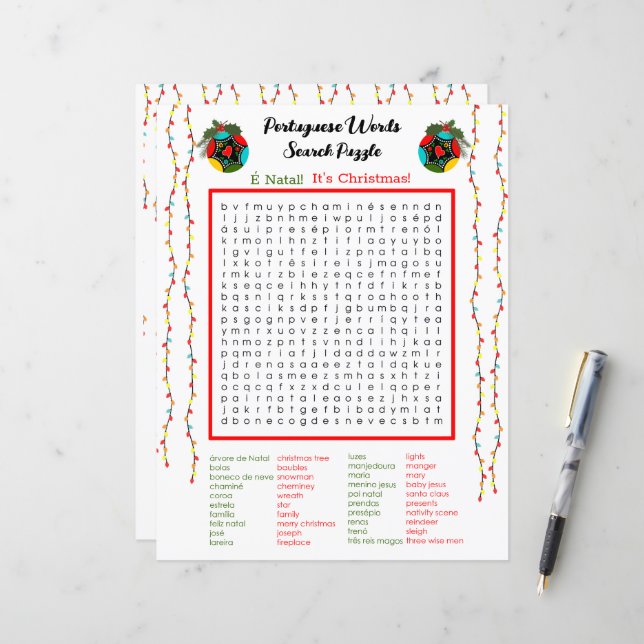 Kerstmis Portugees Woord Zoeken Puzzel voor Kinder (Voorkant / Achterkant in situ)