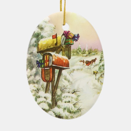 Kerstmis, postvakken in het winterlandschap keramisch ornament (Achterkant)