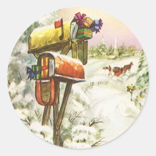Kerstmis, postvakken in het winterlandschap ronde sticker (Voorkant)