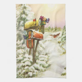 Kerstmis, postvakken in het winterlandschap theedoek