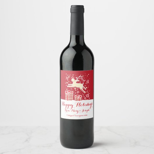 Kerstmis prancing rendieren aangepaste wijnlabels wijn etiket (Voorkant)
