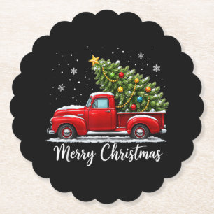 Kerstmis Prettig Kerstfeest Rode Truck Boom Mannen Kartonnen Onderzetters