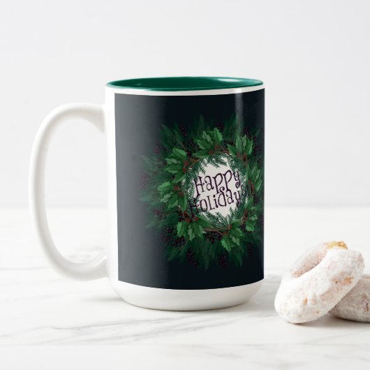 Kerstmis Prettige feestdagen! Kerstlatte M Tweekleurige Koffiemok (Met donut)