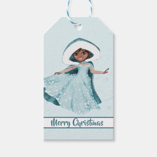 Kerstmis Prinses Donker Haar Winter Sneeuwvlokken Cadeaulabel (Voorkant)