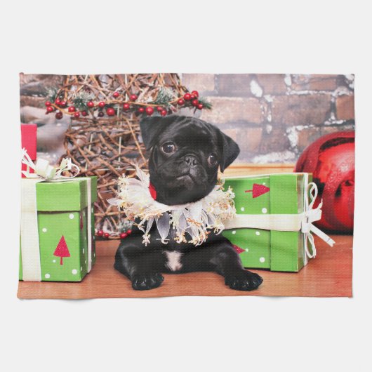 Kerstmis - Pug - Daisy Mae Theedoek (Horizontaal)