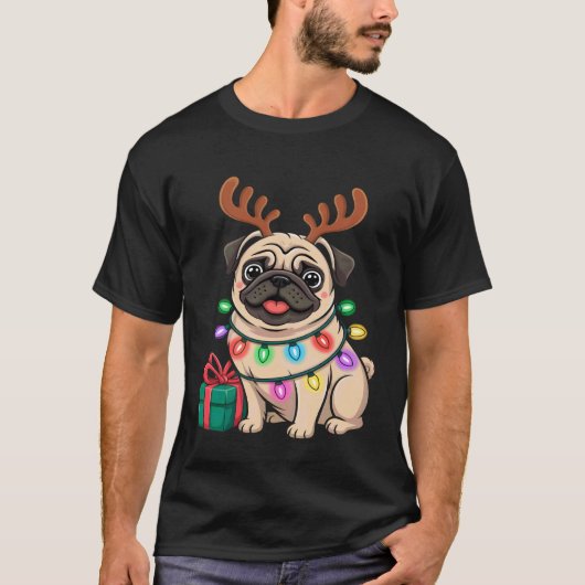 Kerstmis Pug Rendier T-shirt (Voorkant)