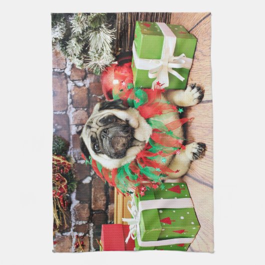 Kerstmis - Pug - Spencer Theedoek (Verticaal)