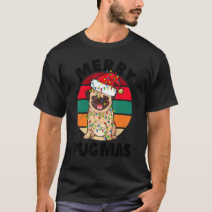 Kerstmis Pug Xmas Lichten Sneeuw Zonsondergang Mer T-shirt