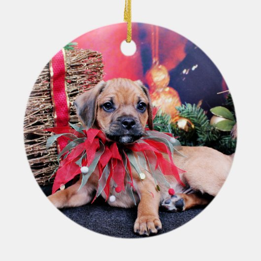 Kerstmis - Puggle - Gus Keramisch Ornament (Achterkant)