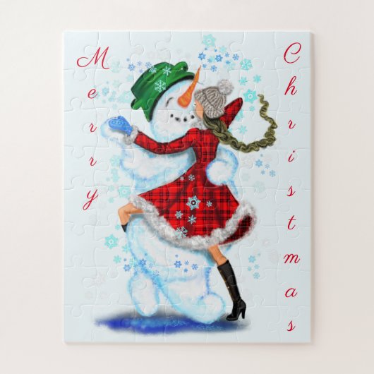 Kerstmis: Puzzle Gift Snowman en Girl Dance Legpuzzel (Verticaal)