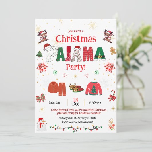 Kerstmis pyjama feest uitnodiging voor kinderen (Staand voorkant)