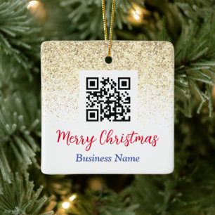 Kerstmis QR-code Bedrijfsnaam Gouden Glitter Keramisch Ornament