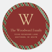 Kerstmis Quatrefoil Red Green Gold-adres Ronde Sticker (Voorkant)