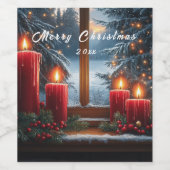 Kerstmis Raam Rode Kaarsen Dennenbomen Rode Bes Wijn Etiket (Enkel label)