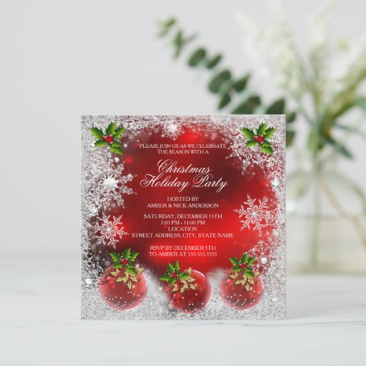 Kerstmis: Red Holly Bauble Holiday Party Snowflake Kaart (Staand voorkant)