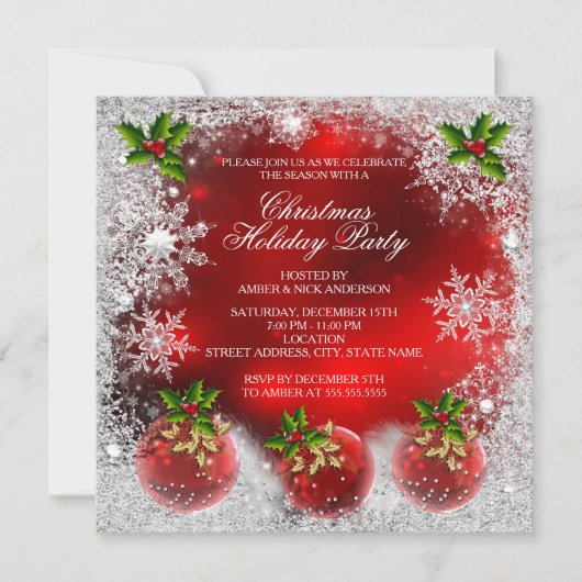 Kerstmis: Red Holly Bauble Holiday Party Snowflake Kaart (Voorkant)