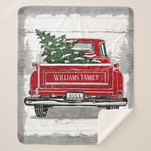 Kerstmis  Red Truck Familienaam Rustic Sherpa Deken (Voorkant)