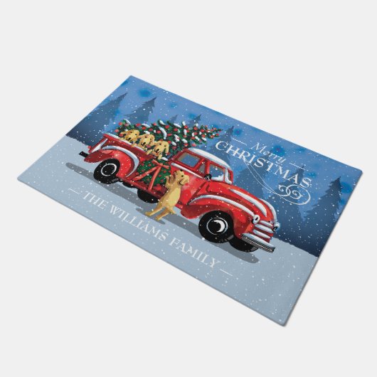 Kerstmis  Red Truck met Dogs Familienaam Deurmat (Schuin)