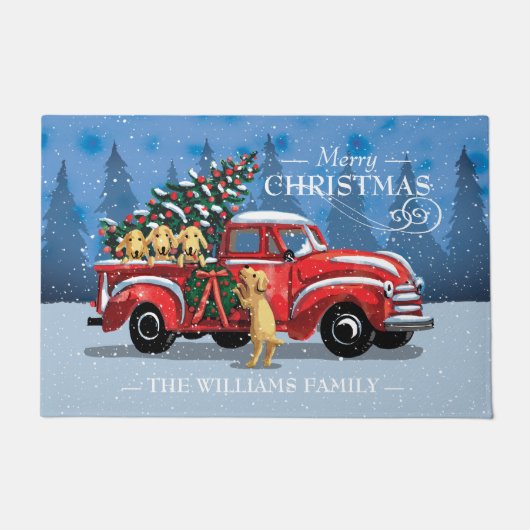 Kerstmis  Red Truck met Dogs Familienaam Deurmat (Voorkant)