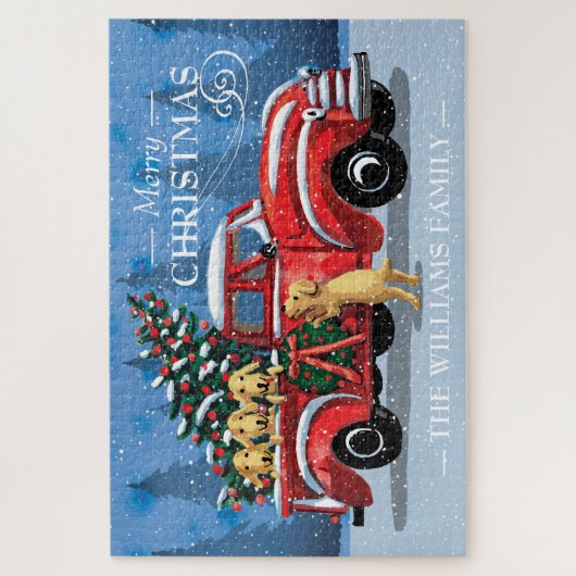 Kerstmis Red Truck w/Dogs Familienaam Lg Legpuzzel (Verticaal)