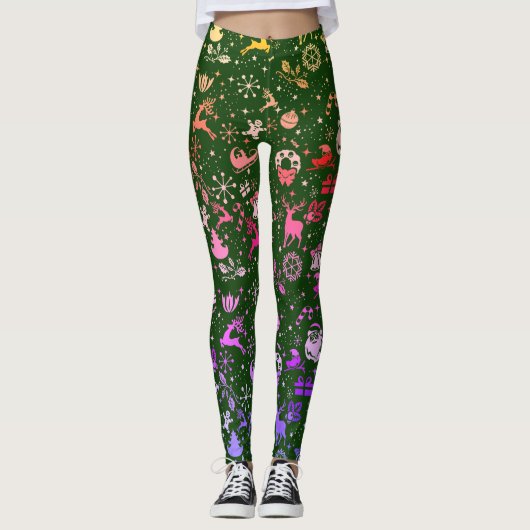 Kerstmis Regenboog Element Patroon Groen Leggings (Voorkant)