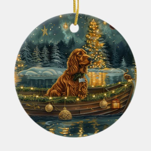 Kerstmis Reis van de Ierse Rode Setter Keramisch Ornament (Voorkant)