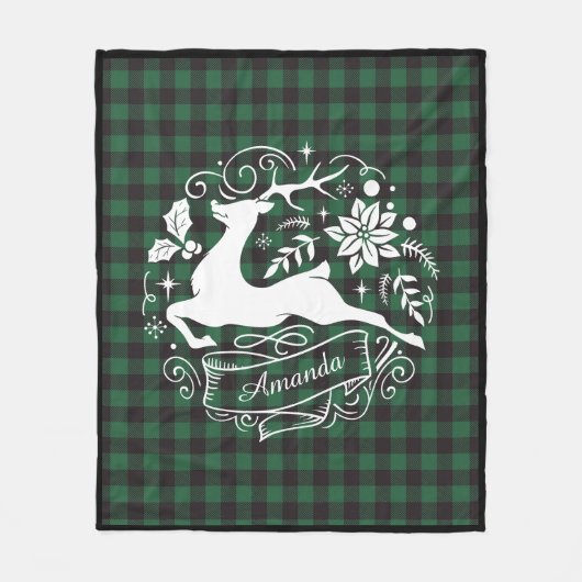 Kerstmis rendier groene baffalo plaid monogram fleece deken (Voorkant)