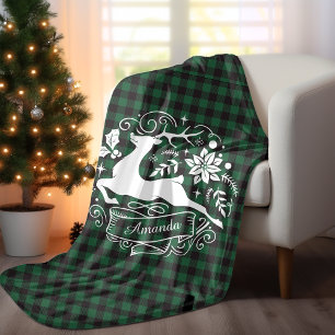 Kerstmis rendier groene baffalo plaid monogram fleece deken