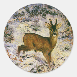 Kerstmis rendier in winter bos sneeuw ronde sticker