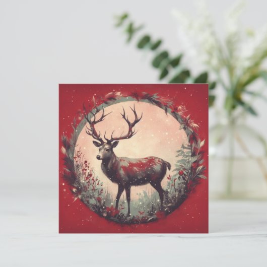 Kerstmis rendier met vakantie krans feestdagenkaart (Staand voorkant)