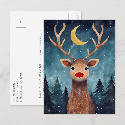 Kerstmis rendier nacht maan bericht feestdagenkaart (Voorkant / Achterkant)