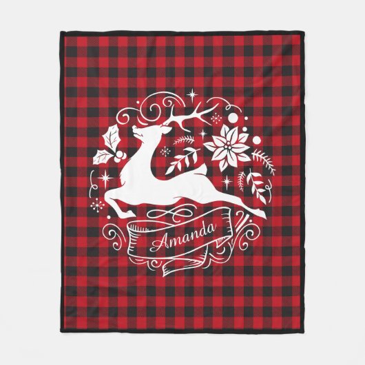 Kerstmis rendier rode baffalo plaid monogram fleece deken (Voorkant)