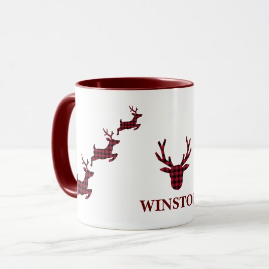 Kerstmis rendier rood zwart buffel geruite cheque mok (Voorkant links)
