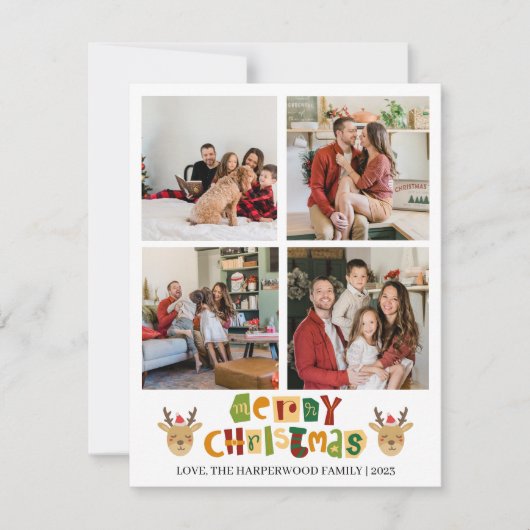 Kerstmis rendier Script familie fotocollage Feestdagenkaart (Voorkant)