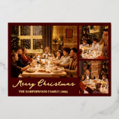 Kerstmis rendier Script familie fotocollage Folie Feestdagenkaart (Voorkant)