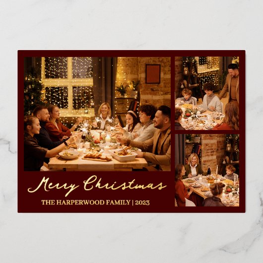 Kerstmis rendier Script familie fotocollage Folie Feestdagenkaart (Voorkant)