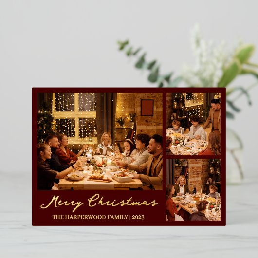 Kerstmis rendier Script familie fotocollage Folie Feestdagenkaart (Staand Voorkant)