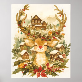 Kerstmis rendier vintage aquarel schilderij poster