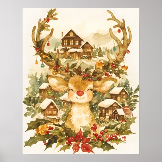 Kerstmis rendier vintage aquarel schilderij poster (Voorkant)